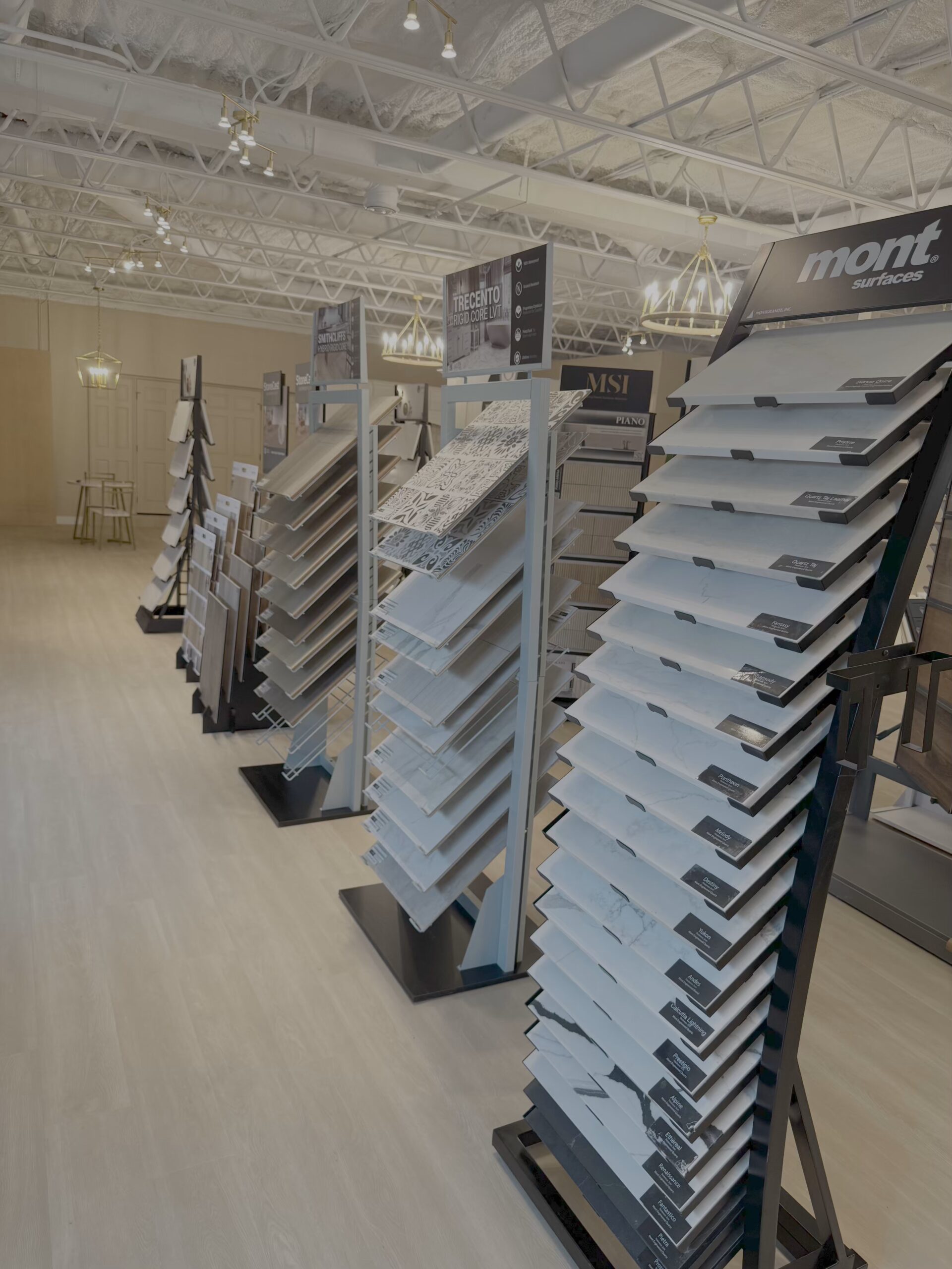 Mont Surfaces marble and quartz slab displays at Steel Valley Showroom
